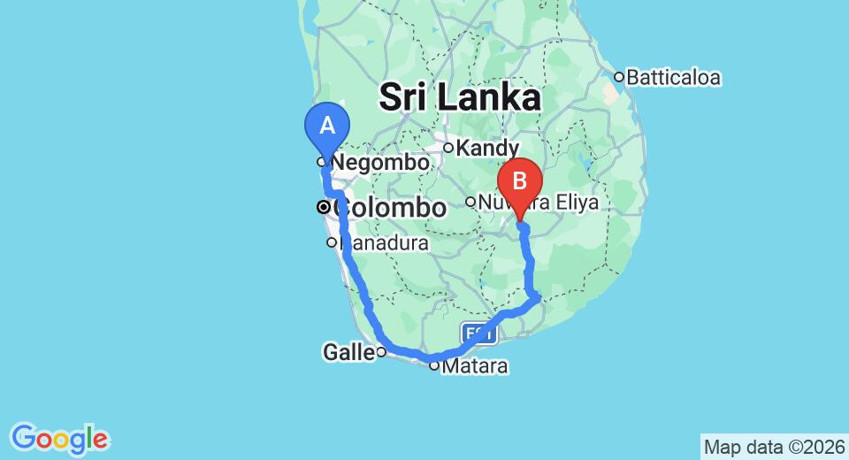 Driving route map: Colombo Airport (CMB) to Feelin' good Resort, Ella (324 km, approx 4 h 35 min private transfer)