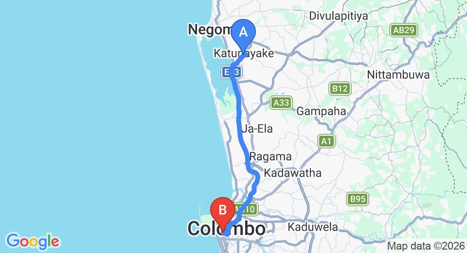 Driving route map: Colombo Airport (CMB) to Hilton Colombo Residence, Colombo (34 km, approx 44 min private transfer)