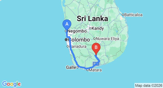 Driving route map: Colombo Airport (CMB) to Kulu Safari - Udawalawe, Udawalawe (260 km, approx 3 h 39 min private transfer)