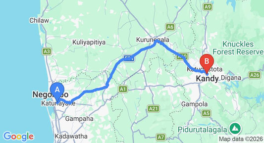 Driving route map: Colombo Airport (CMB) to Alex Home Stay, Kandy (111 km, approx 2 h 43 min private transfer)