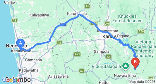 Driving route map: Colombo Airport (CMB) to Ragala (189 km, approx 5 h 5 min private transfer)