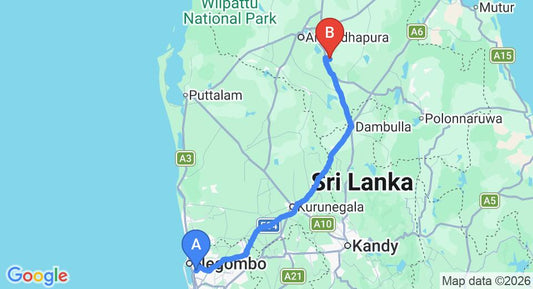Driving route map: Colombo Airport (CMB) to Ulagalla Resort, Anuradhapura (173 km, approx 3 h 38 min private transfer)