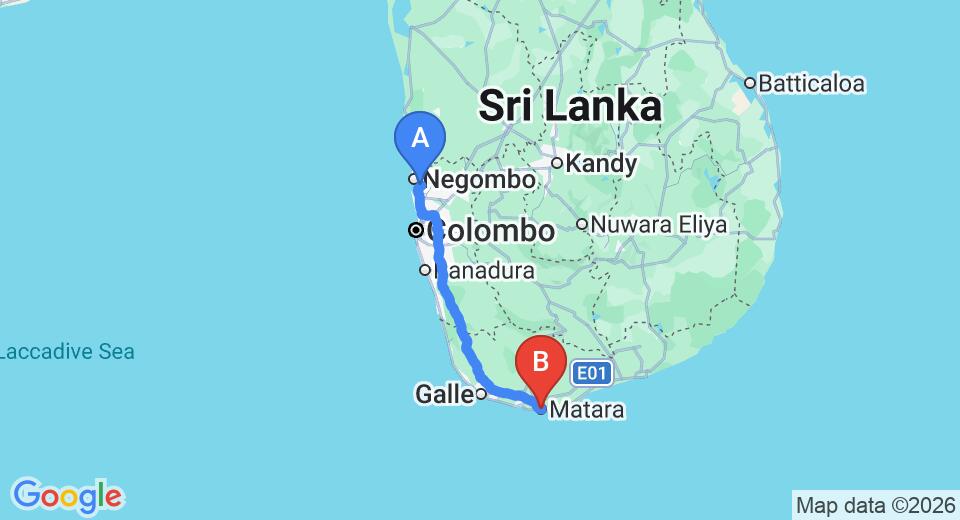 Driving route map: Colombo Airport (CMB) to Amaloh by Jetwing, Matara (184 km, approx 2 h 32 min private transfer)