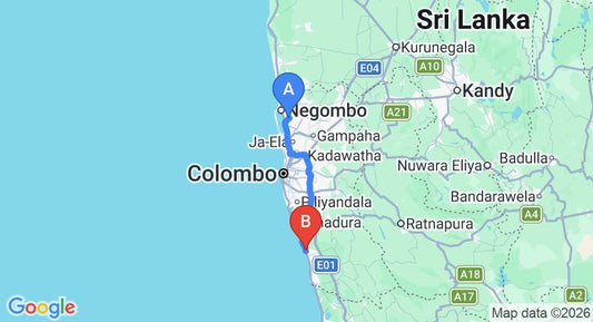 Driving route map: Colombo Airport (CMB) to Kalutara (83 km, approx 1 h 30 min private transfer)