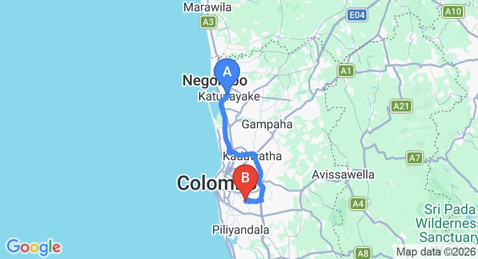 Driving route map: Colombo Airport (CMB) to Royal Mount Residence, Colombo (50 km, approx 56 min private transfer)