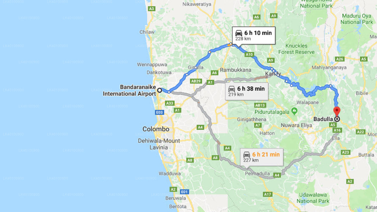 Colombo (CMB) Lufthavn til Badulla by privat transfer