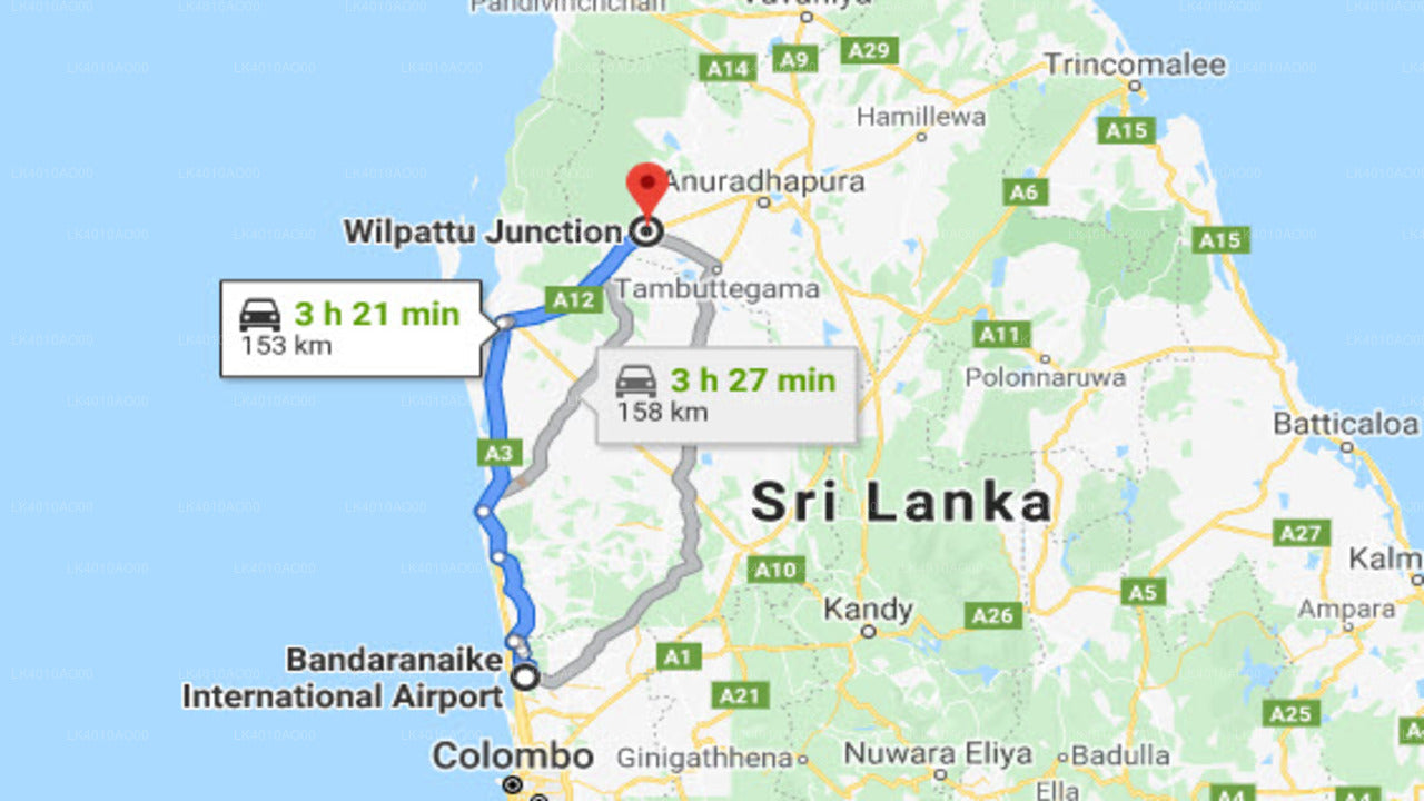 Colombo (CMB) lufthavn til Wilpattu privat transfer