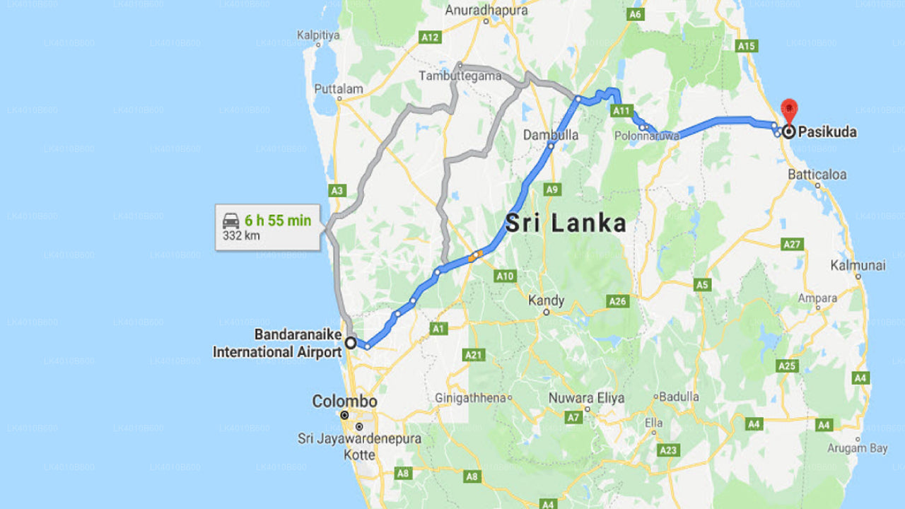 Colombo (CMB) Lufthavn til Pasikuda Privat Transport