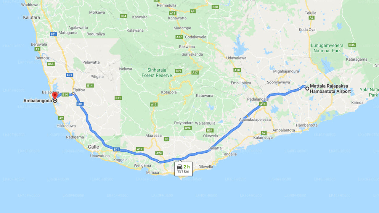Mattala (HRI) Lufthavn til Ambalangoda by privat transfer