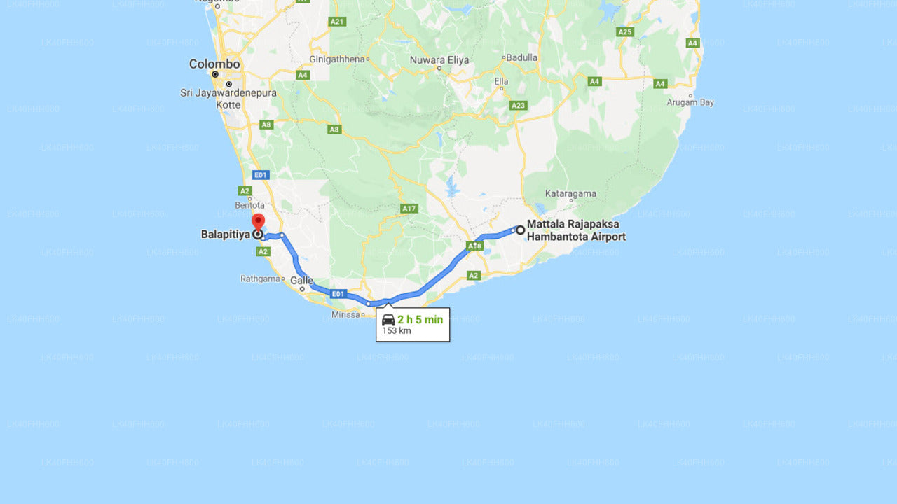 Mattala (HRI) Lufthavn til Balapitiya Privat Transfer