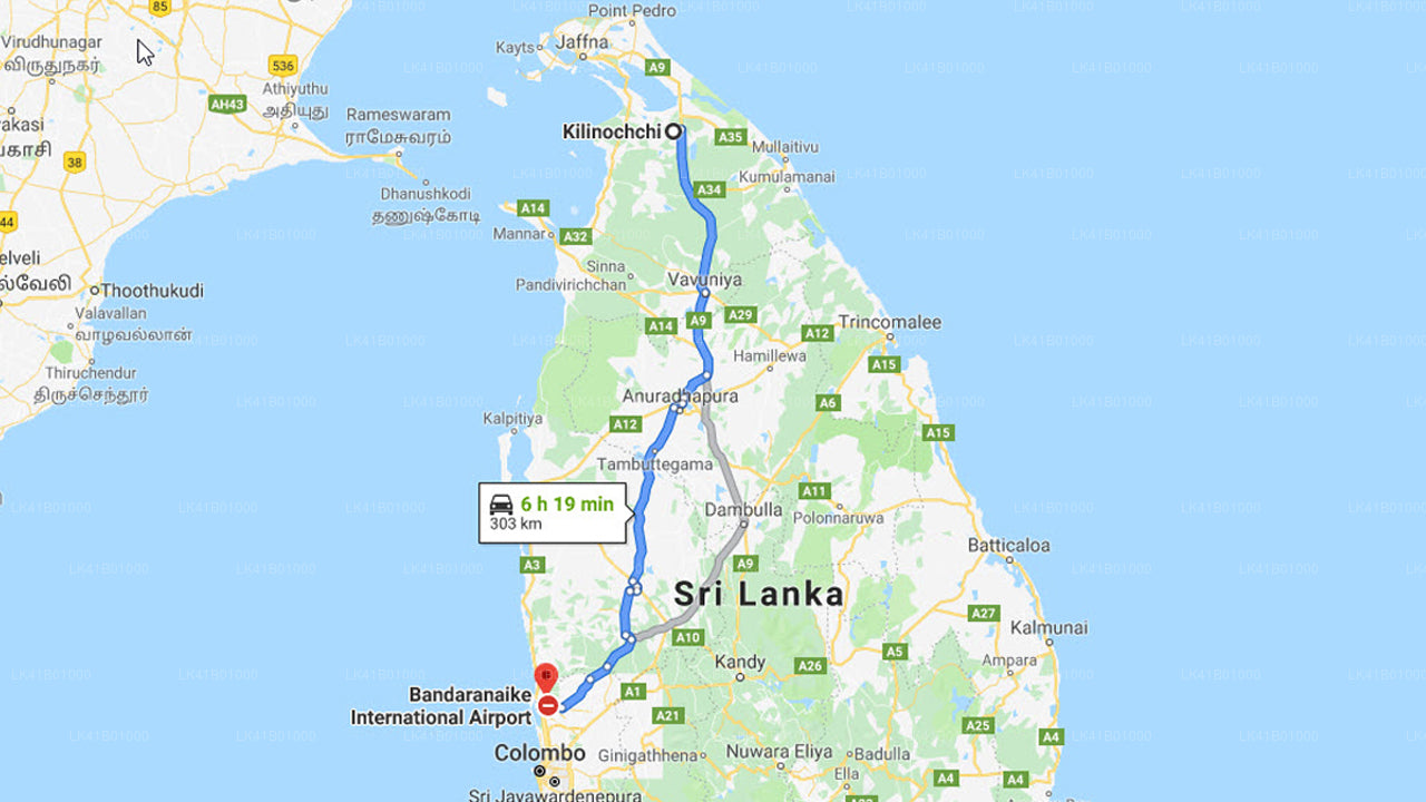 Kilinochchi by til Colombo (CMB) Lufthavn Privat Transport