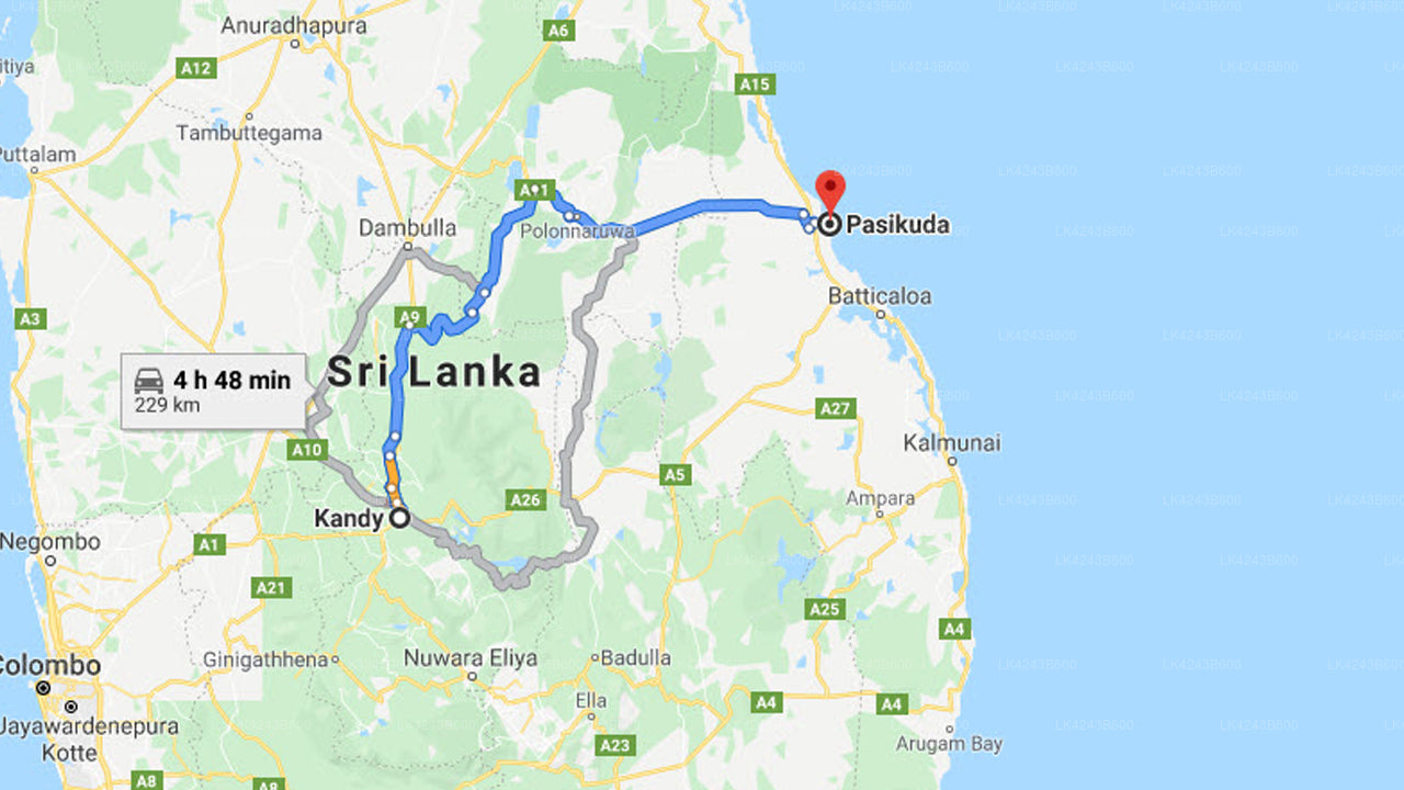 Kandy City til Pasikuda City Privat Transfer