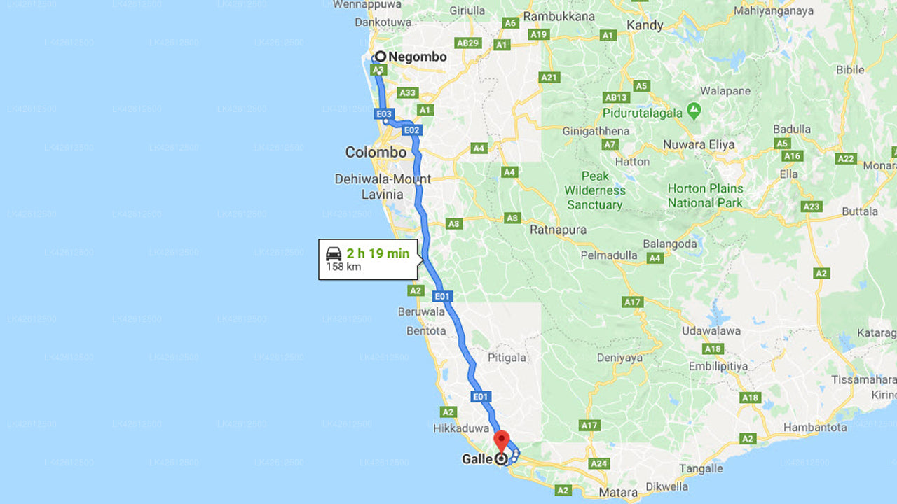 Negombo by til Galle by privat transfer