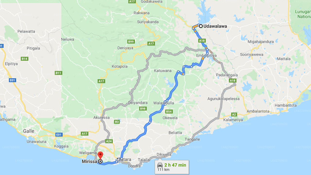 Privat transport fra Udawalawe by til Mirissa by