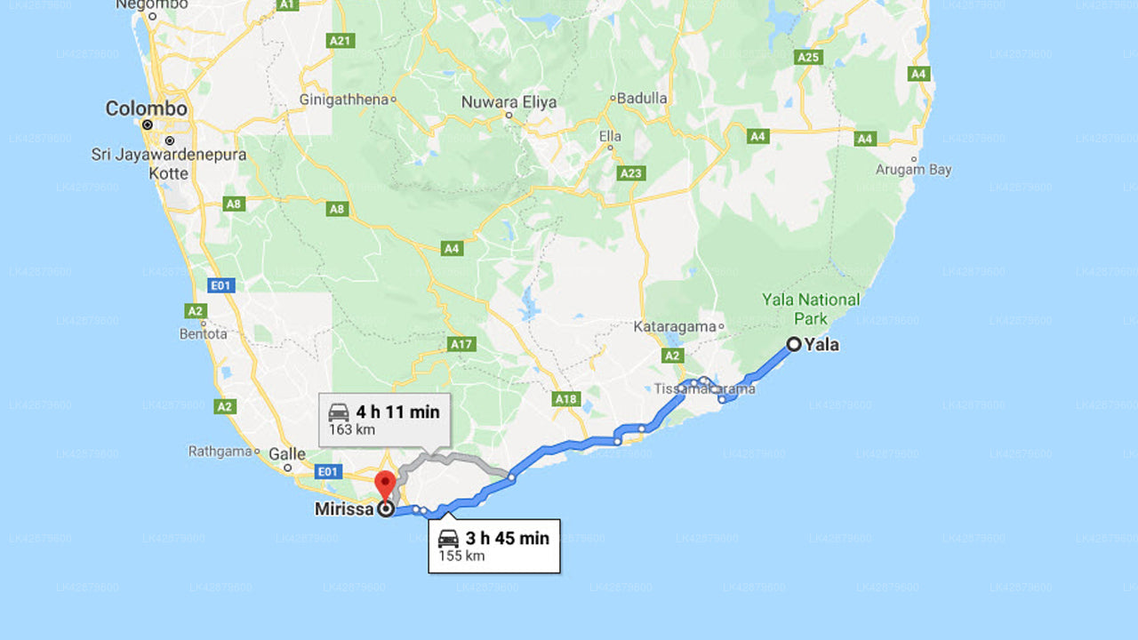 Yala City til Mirissa City Privat Transport