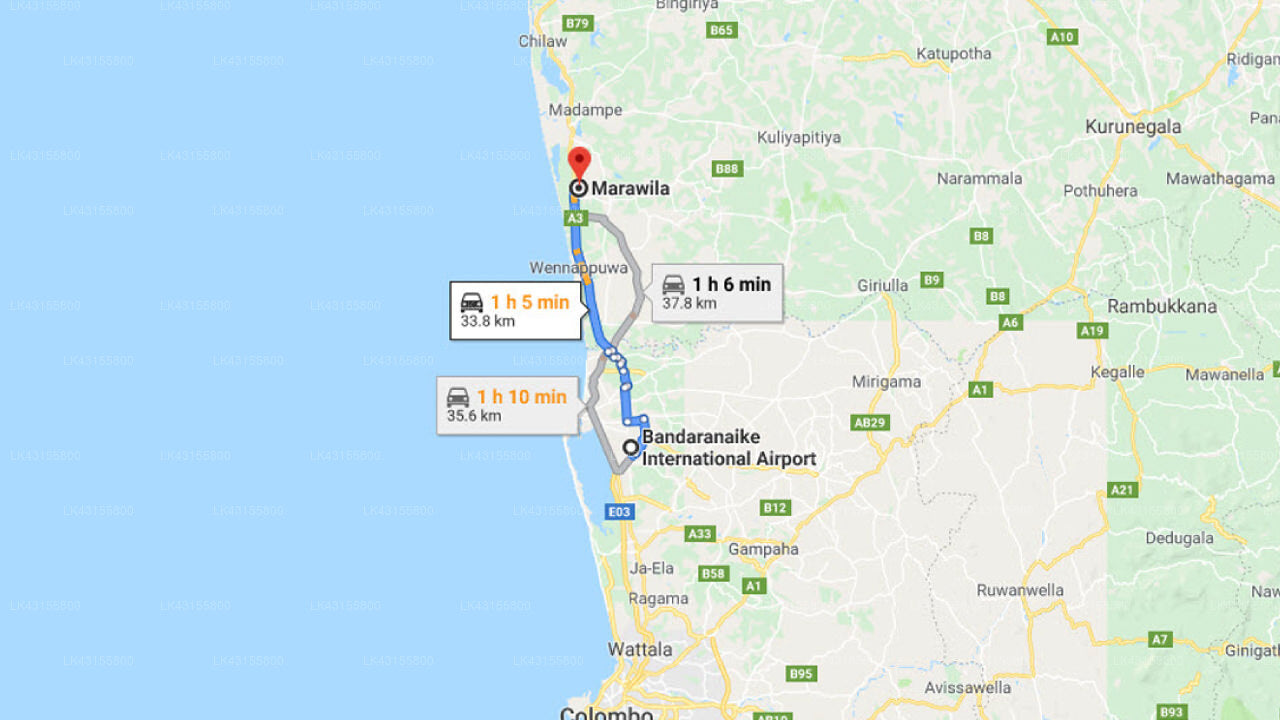 Transfer between Colombo Airport (CMB) and The Butterfly Inn, Marawila