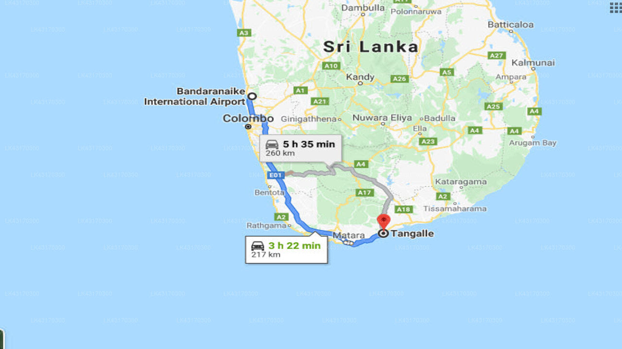 Transfer between Colombo Airport (CMB) and Portofino Resort, Tangalle
