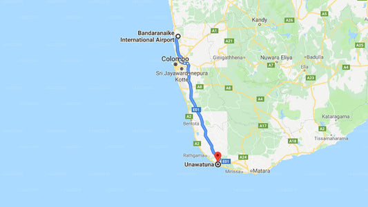 Transfer between Colombo Airport (CMB) and The Lodge Unawatuna, Unawatuna