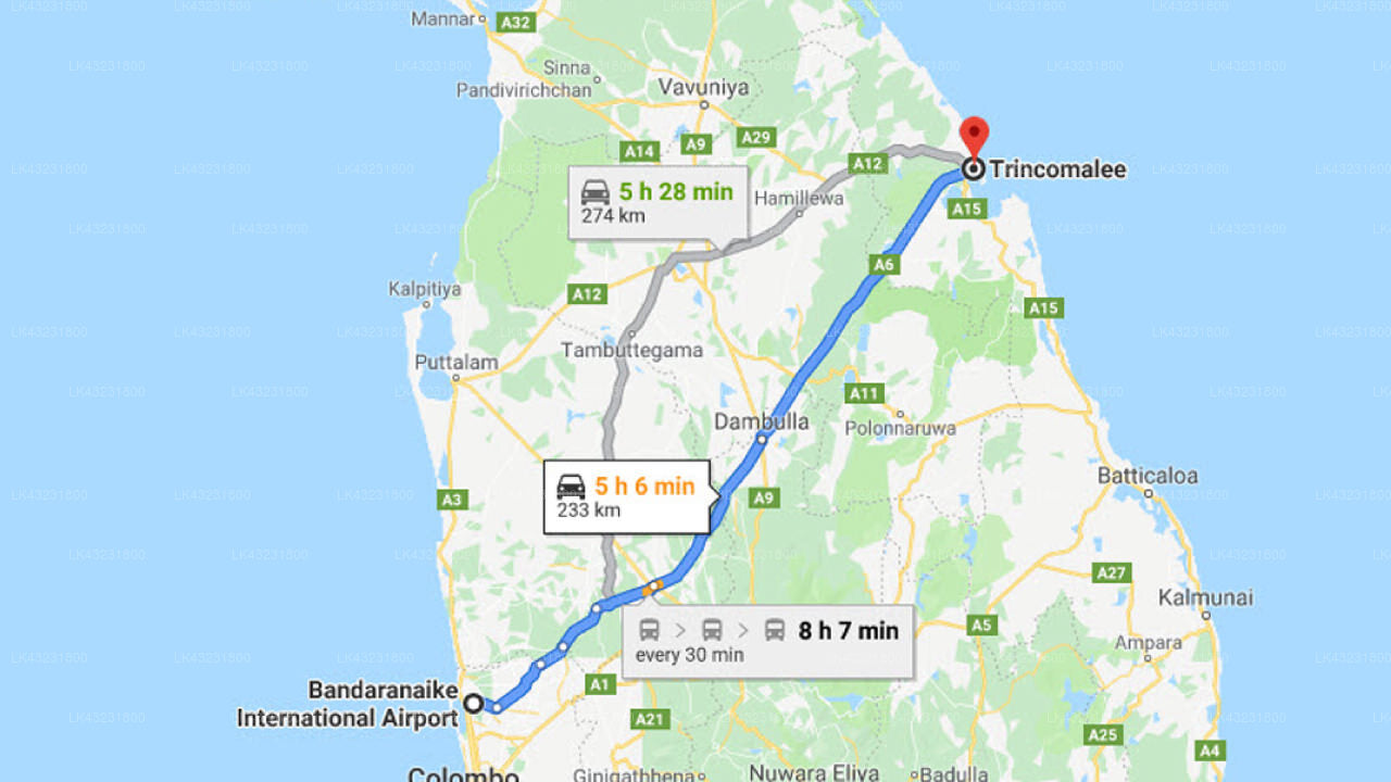 Colombo Airport (CMB) til Margosa Bay, Trincomalee Privat Transport