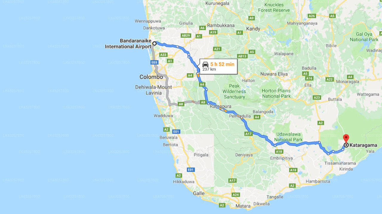 Transfer between Colombo Airport (CMB) and Sella Holiday Resort, Kataragama