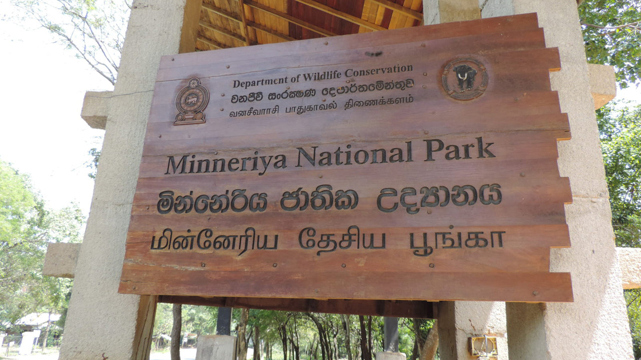Wooden signboard of Minneriya National Park with the park's name in English and Sinhala script, indicating the entrance.
